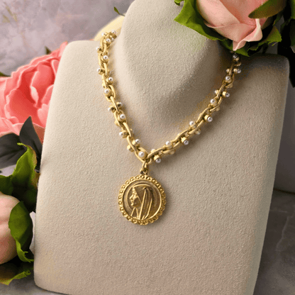 Pearl and Gold Necklace with Profile of Mary Medal Necklace Parker Madison