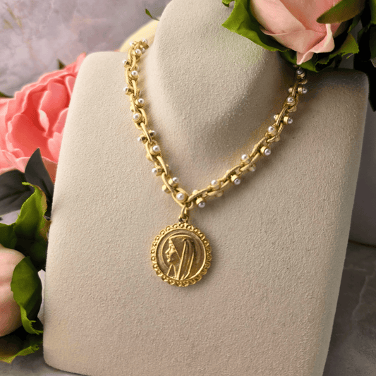 Pearl and Gold Necklace with Profile of Mary Medal Necklace Parker Madison