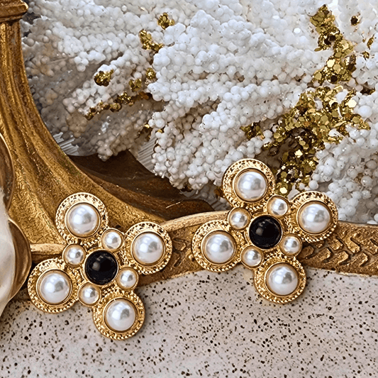 Pearl and Textured Clover Cross Earrings Earrings Golden Stella