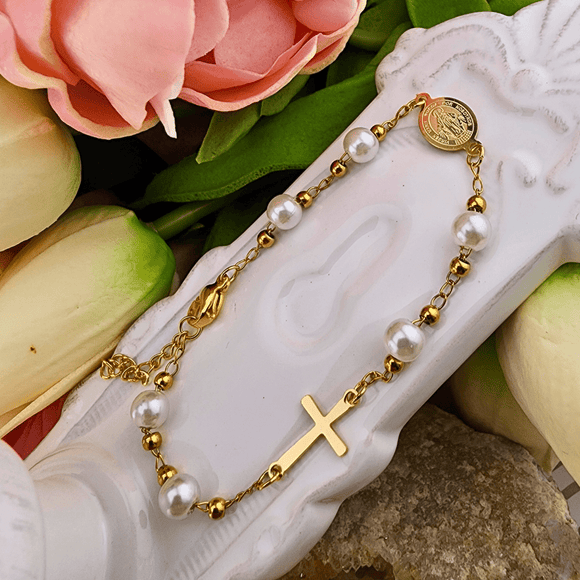 Pearl Beaded Miraculous Medal Bracelet Bracelets Sara Trade LLC