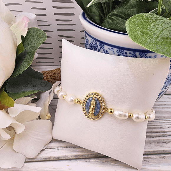 Pearl Bracelet With Blue Pearlized Mary Medal Bracelets Temu