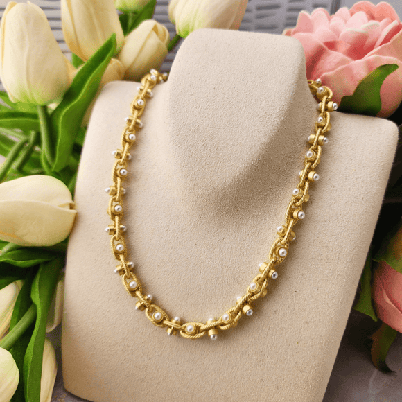 Pearl Gold Tone Necklace with Carved Links Necklace Parker Madison
