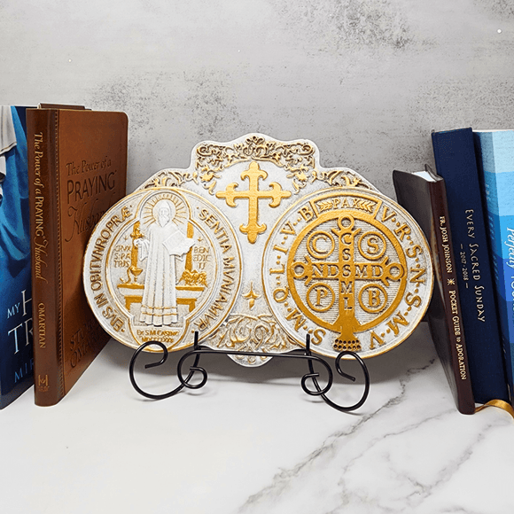 Saint Benedict Medal Plaque With Easel Stand Artwork Christian Brands