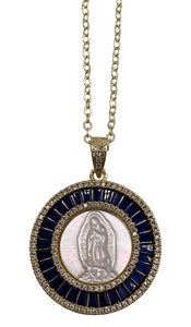 Sapphire Blue and Mother of Pearl Our Lady of Guadalupe Pendant on Gold Chain Necklace Parker Madison