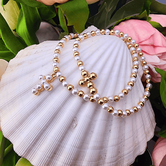 Set of 2 Pearl and Ball Bead Cross Bracelets Bracelet Canvas