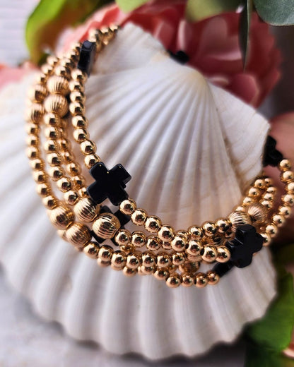 Set of 5 Beaded Stretch Bracelets With Cross Black/Gold Bracelets Golden Stella