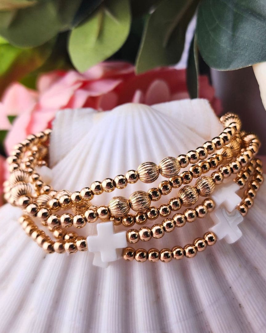 Set of 5 Beaded Stretch Bracelets With Cross White/Gold Bracelets Golden Stella