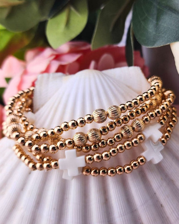 Set of 5 Beaded Stretch Bracelets With Cross White/Gold Bracelets Golden Stella