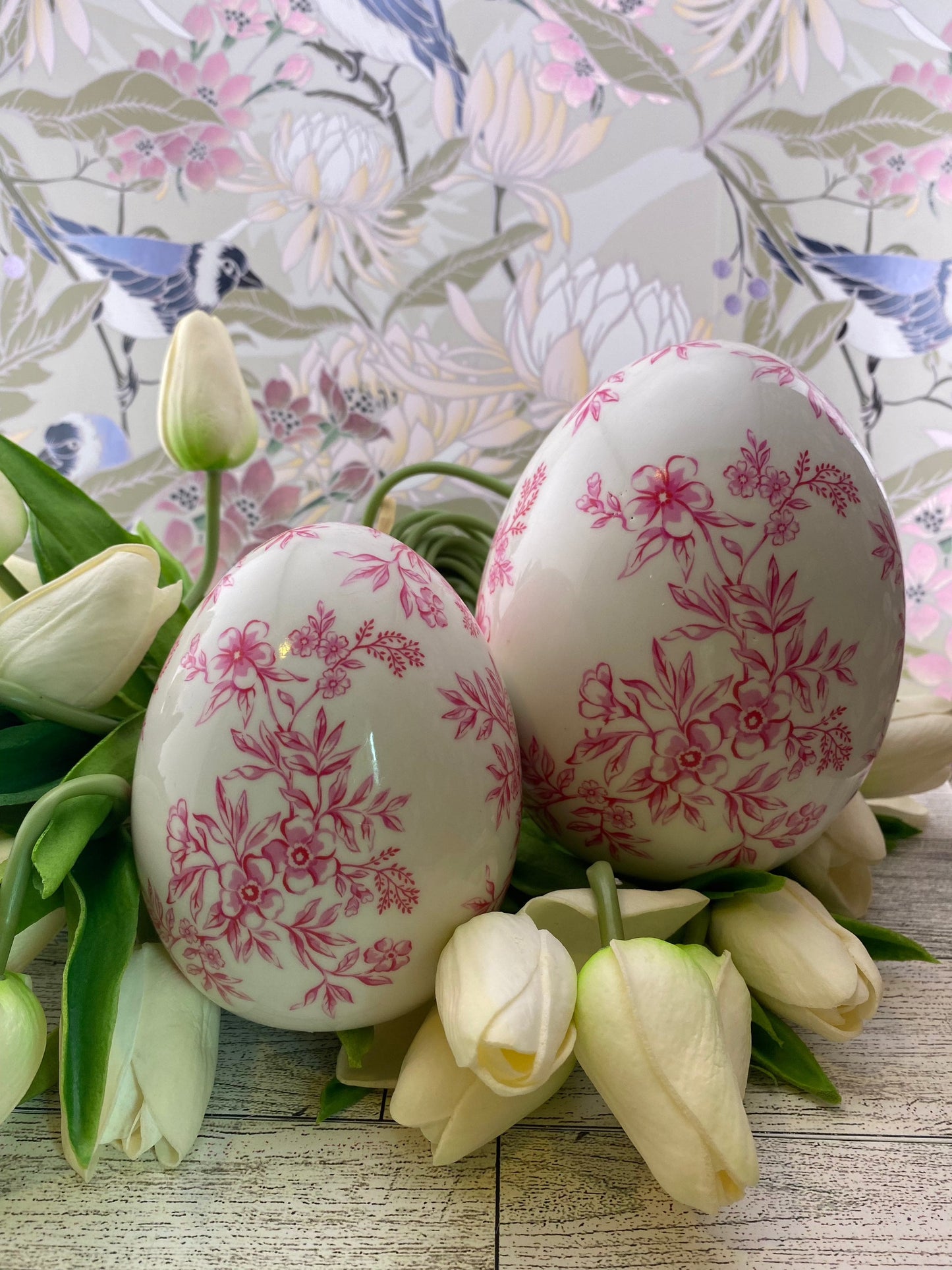 Set of Two Pink Floral Ceramic Easter Eggs Home Decor Raz Imports