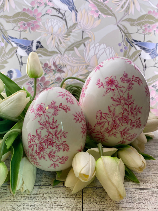 Set of Two Pink Floral Ceramic Easter Eggs Home Decor Raz Imports