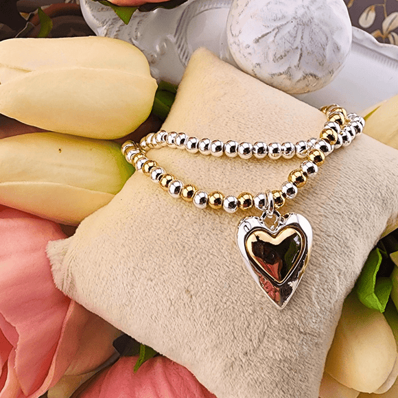 Set of Two Silver and Gold Stretch Bracelets With Hart Charm Bracelet American Unique Group, Inc.