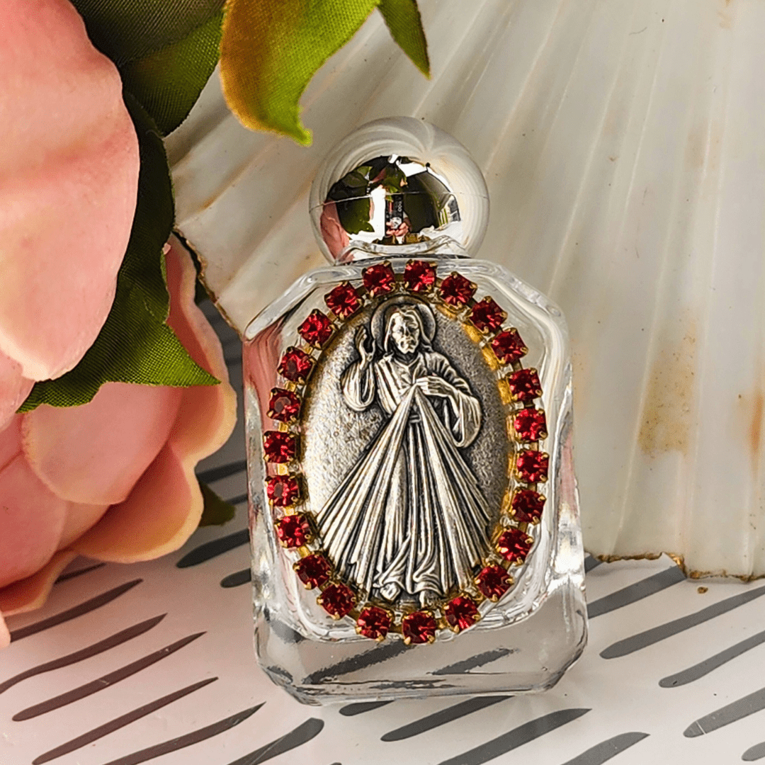 Small Holy Water Bottle Divine Mercy With Red Crystals Water Font Contreras Religious Art