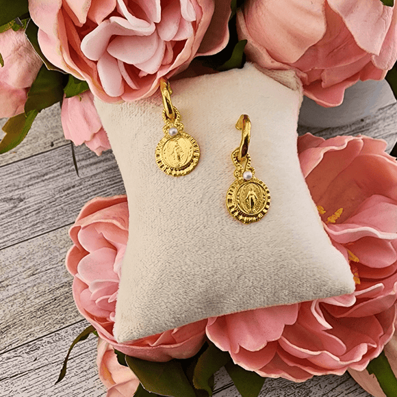 Small Post Hoop Earring With Virgin Mary Medal and Pearl Accent Earrings Weisinger Designs