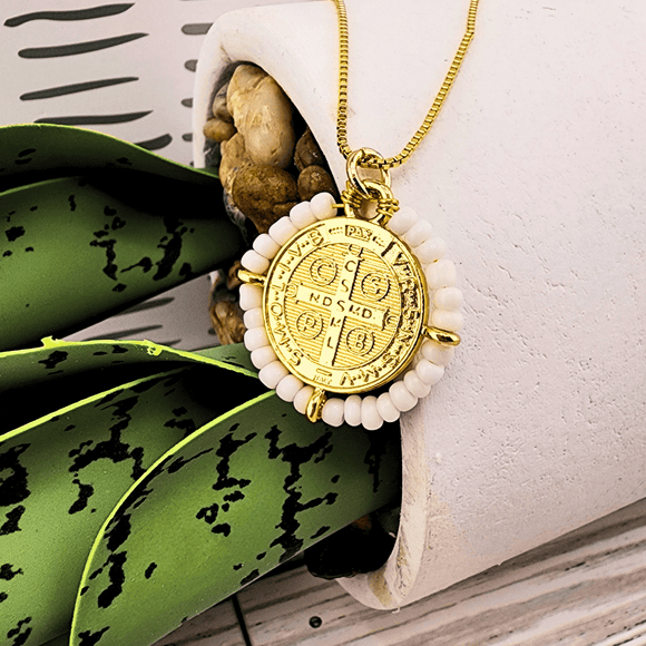 St. Benedict Pendant Surrounded by White Rice Beads on Gold Chain Necklaces Temu