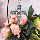 Stained Glass Cross Car Charm Blue Green Car Accessory Ganz