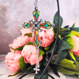 Stained Glass Cross Car Charm Green Turquoise Orange Car Accessory Ganz