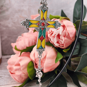 Stained Glass Cross Car Charm Yellow Pink Green Car Accessory Ganz