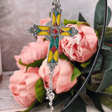 Stained Glass Cross Car Charm Yellow Pink Green Car Accessory Ganz