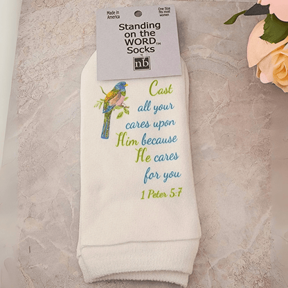 Standing on the Word Ladies' Socks 1 Peter 5:7 Cast All Your Cares Upon Him Socks Standing on the WORD
