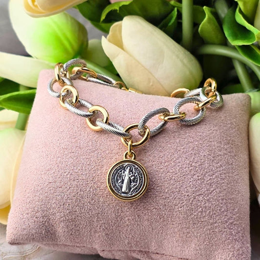 Two Tone Chain Link Bracelet With St. Benedict Medal Bracelet SM Style