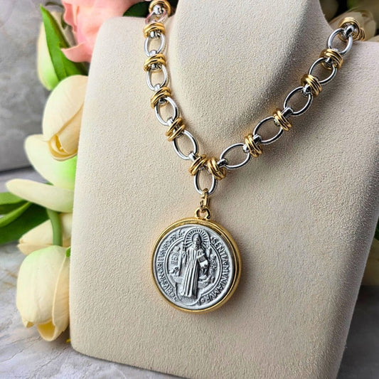 Two Tone Chain Link Necklace With St. Benedict Medal Necklace, Cross SM Style