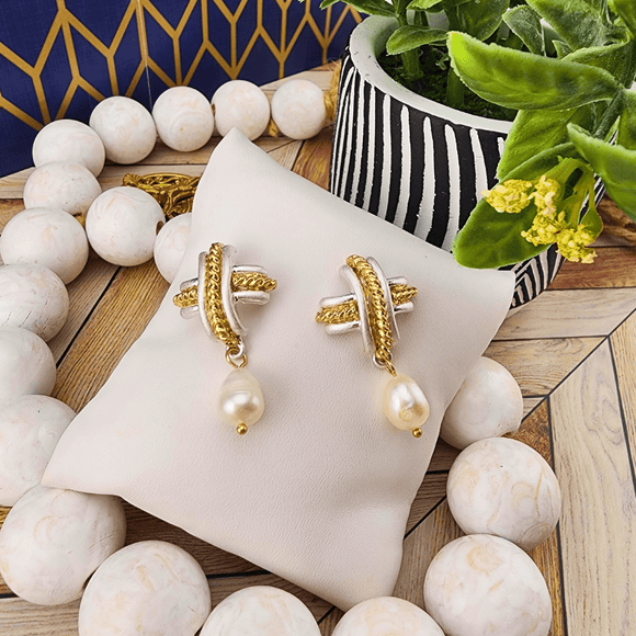 Two Tone Cross Earrings With Pearl Earrings Canvas
