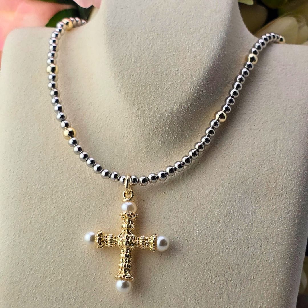 Two Tone Necklace With Pearl and Gold Cross Necklace, Cross SM Style