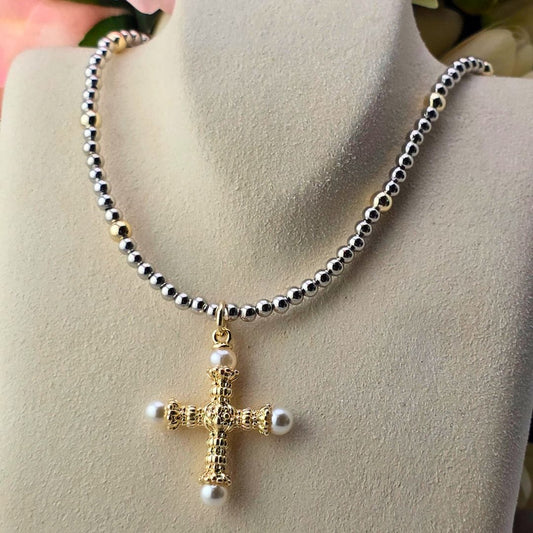 Two Tone Necklace With Pearl and Gold Cross Necklace, Cross SM Style