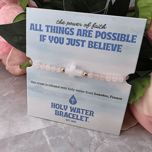 Sister Dulce Gift Shop, Shepherds Staff, Religious Store, Cypress Springs Mercedarian Prayer Center, Catholic, Holy Water Bracelet, The Power of Faith, All Things are Possible if You Just Believe, Pink Quartz, White Cross, Lourdes France