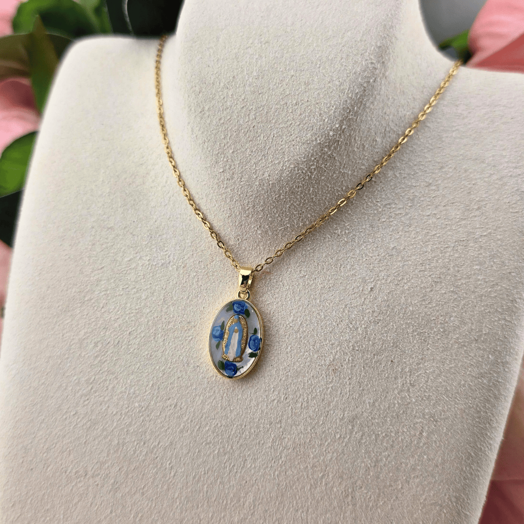 mary, holy mother, jewelry, marian necklace, sister dulce, blue roses