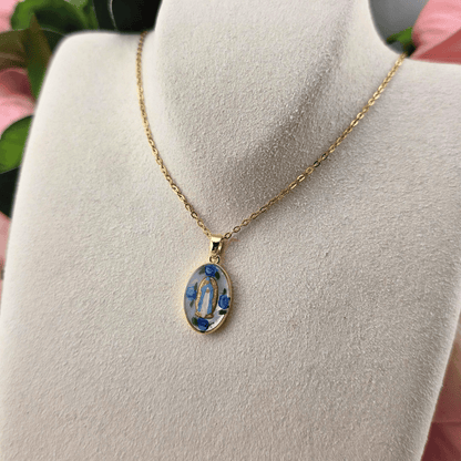 mary, holy mother, jewelry, marian necklace, sister dulce, blue roses