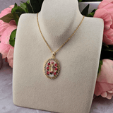 gold, holy  mother, mary, necklace, pink roses, sister dulce, shepherds staff