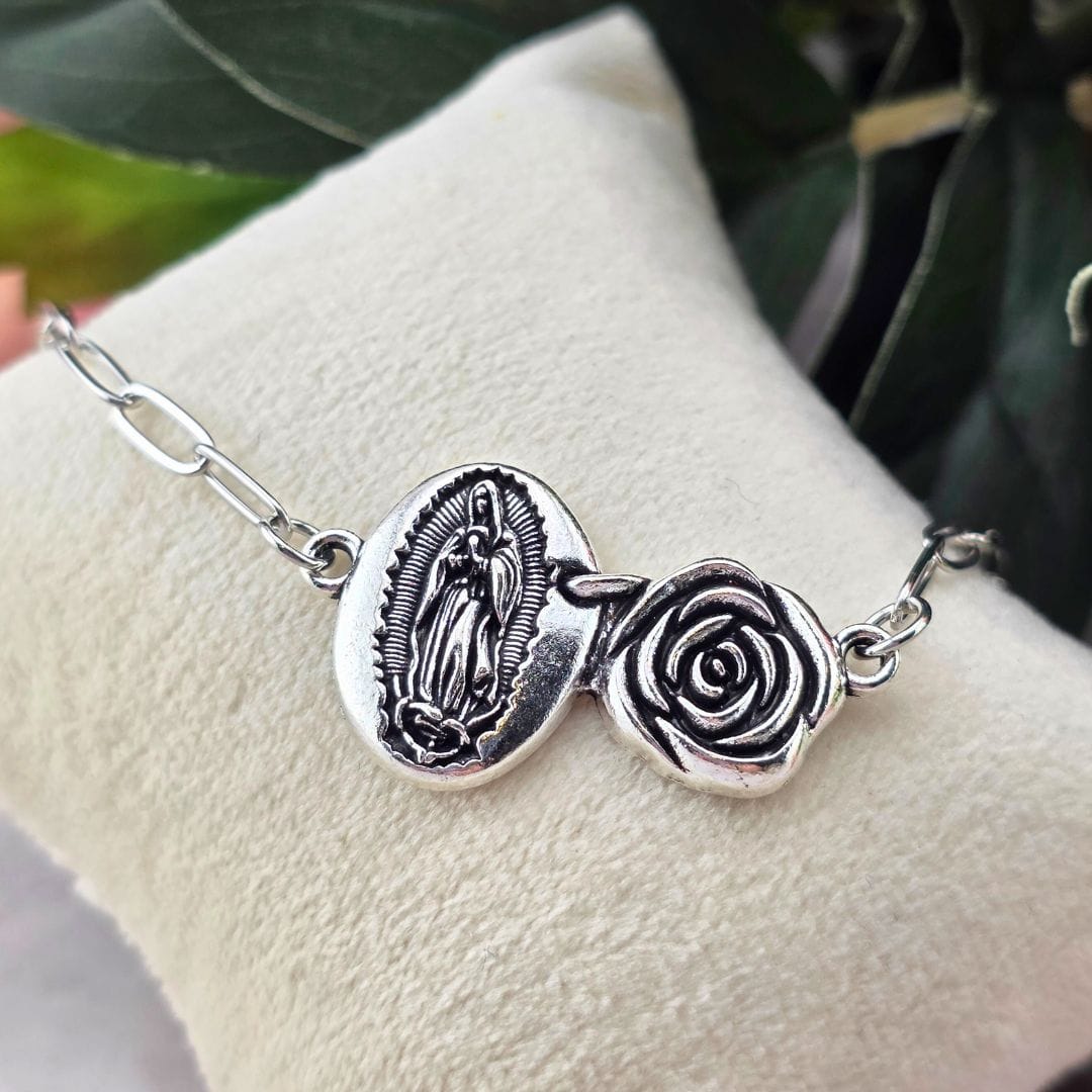 rose and our lady of Guadalupe chain bracelet, sister dulce, marian jewelry