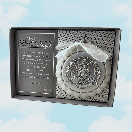 Guardian angel cradle medal in a box with a prayer on a sky background