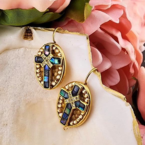 Mustard Seed Abalone Cross Earrings