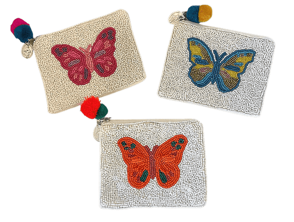 Beaded Orange, Blue or Fuchsia Butterfly Coin Pouch Golden Stella