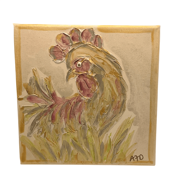 Brightly Colored Rooster Artwork on Wood Head to the Left Artwork Amanda DeLaughter