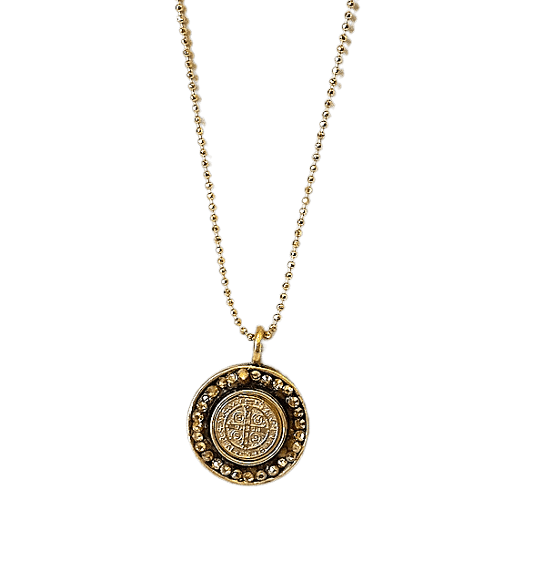 Classic Round Mixed Metal Coin St. Benedict Cross Necklace Mixed Metal Necklace Mustard Seed Jewelry