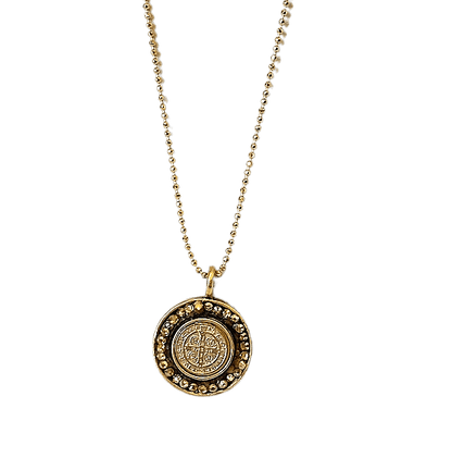 Classic Round Mixed Metal Coin St. Benedict Cross Necklace Mixed Metal Necklace Mustard Seed Jewelry
