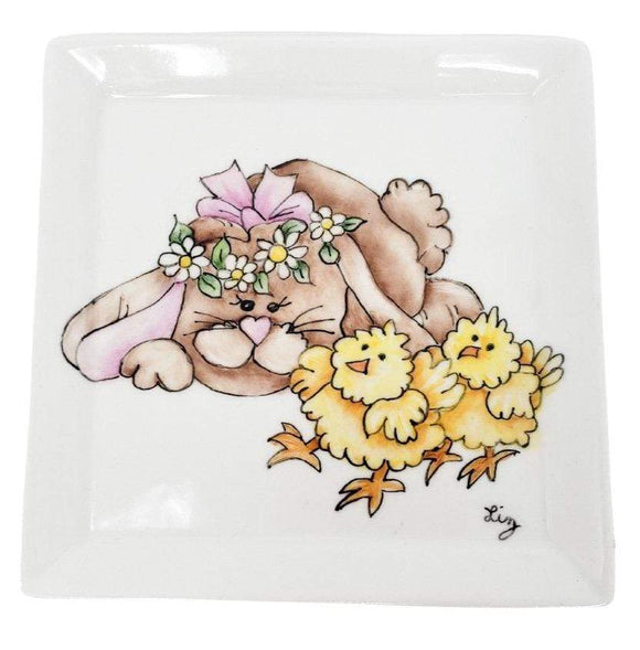 Easter Plate with Bunnies - variety Bunny playing with chicks home decor Donation