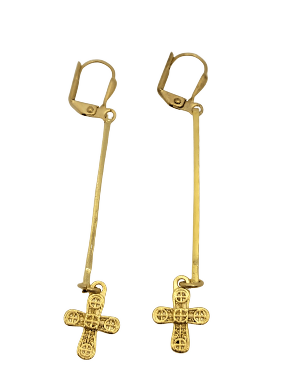 Gold Hammered Bar Earrings With Ornate Cross Earrings Weisinger Designs