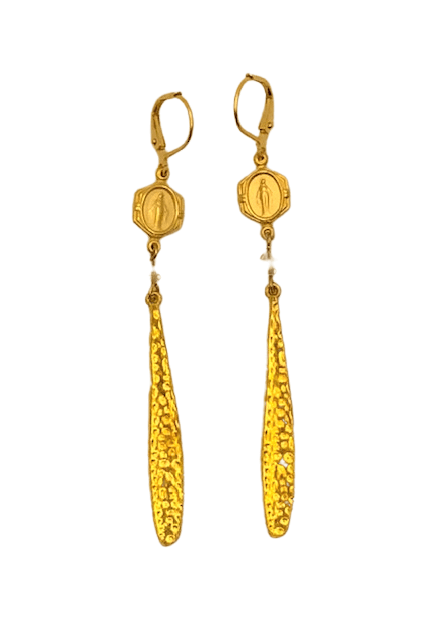 Gold Hammered Dangle Earrings With Miraculous Medal Earrings Weisinger Designs