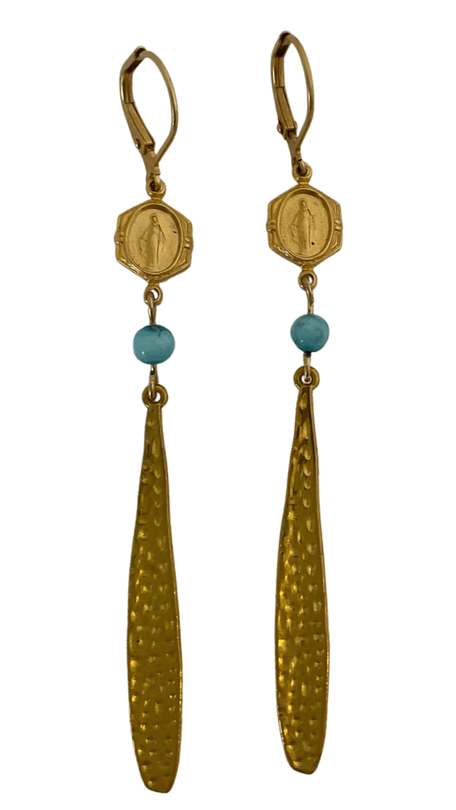 Gold Hammered Dangle Earrings With Miraculous Medal Turquoise Bead Earrings, Sister Dulce Gift Shop, Catholic Store, Catholic Jewelry, Mary Earrings