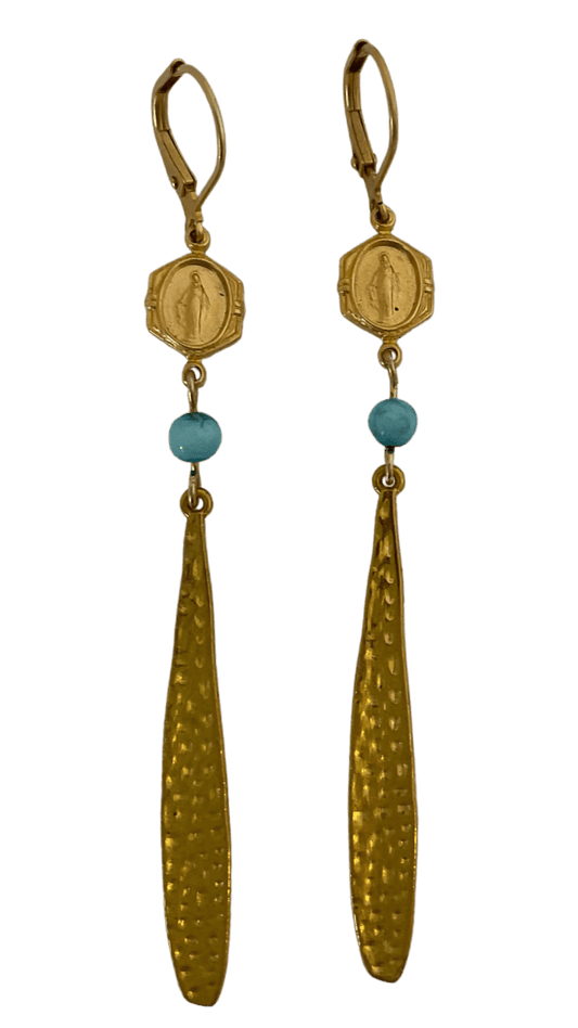Gold Hammered Dangle Earrings With Miraculous Medal Turquoise Bead Earrings, Sister Dulce Gift Shop, Catholic Store, Catholic Jewelry, Mary Earrings