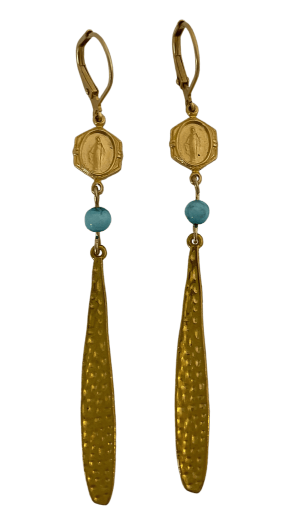 Gold Hammered Dangle Earrings With Miraculous Medal Turquoise Bead Earrings, Sister Dulce Gift Shop, Catholic Store, Catholic Jewelry, Mary Earrings