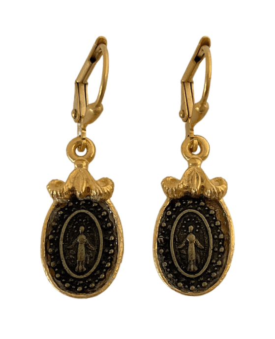 Gold Miraculous Medal (Oval Shaped) dangle earrings Gold and Silver Earrings, Sister Dulce Gift Shop, Catholic Store, Catholic Jewelry