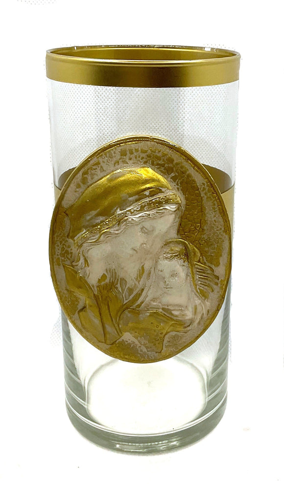 Gold Trimmed Clear Vase with Madonna and Child Art by Dene