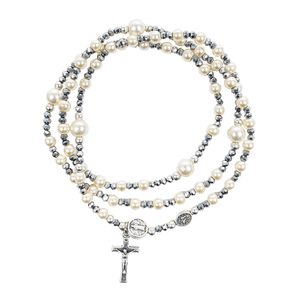 Miracles Rosary Wrap Bracelet - Pearl/Hematite Bracelet My Saint My Hero