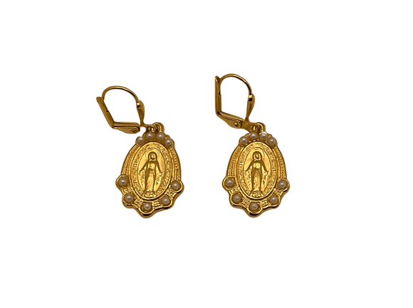 Miraculous Medal Earrings with Pearl Earrings Weisinger Designs