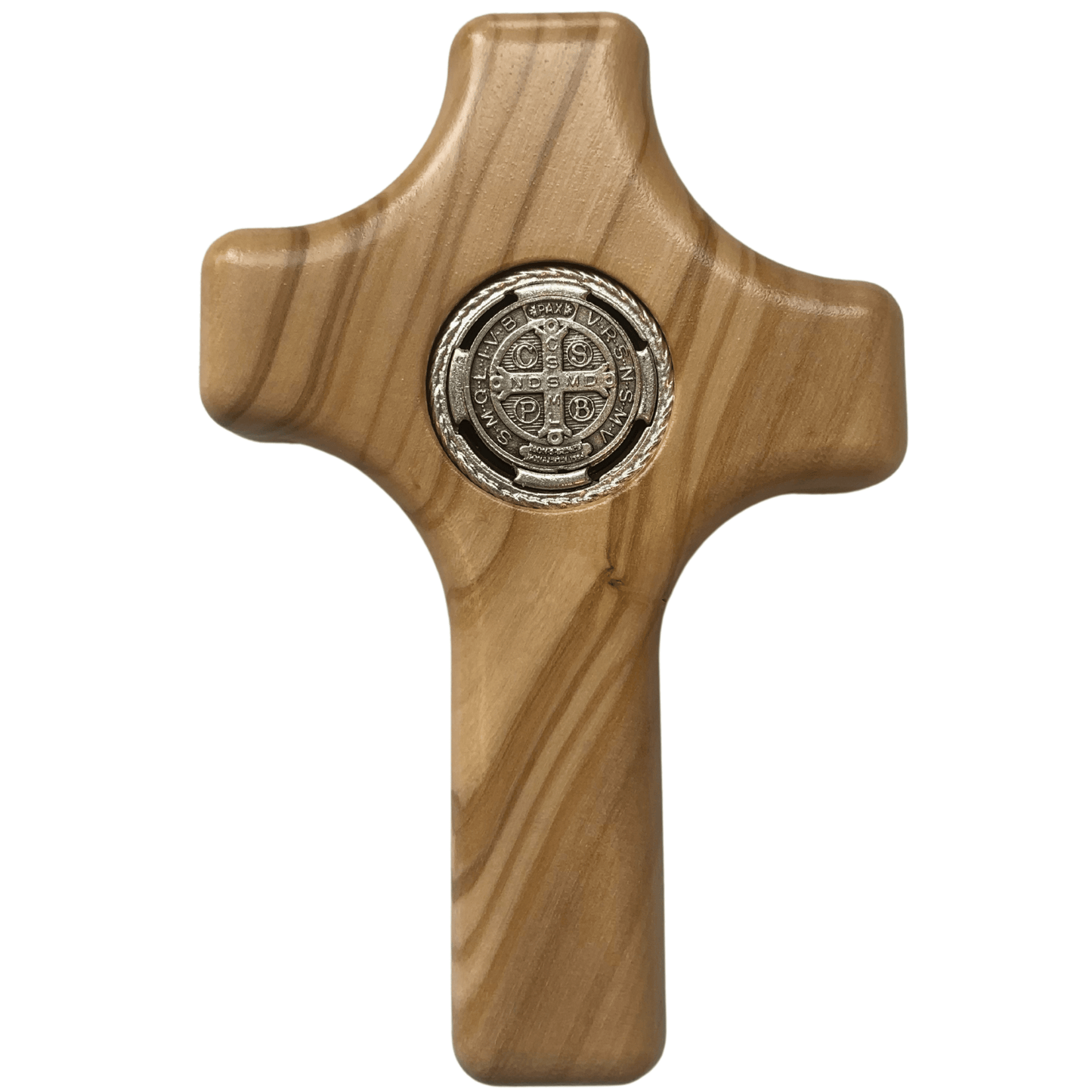Praying Olive Wood Holding Cross Saint Benedict Medal Cypress Springs Gift Shop